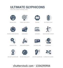 simple set of icons such as flower with leaves, ear with sound bar, big and small dots, big map placeholder, alarm bell, clothes label, man on motorbike, zoom button, man walking to right, car wash.
