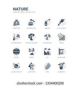 simple set of icons such as flower pot, fern, cultivation, saturn with his ring, wood board, hill, grows, polar, prairie, palm islands. related nature icons collection. editable 64x64 pixel perfect.