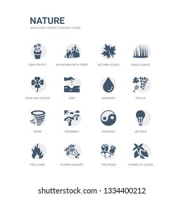 simple set of icons such as flower of leaves, two roses, flower bouquet, fire flame, led bulb, fengshui, savannah, ruins, petals, raindrop. related nature icons collection. editable 64x64 pixel
