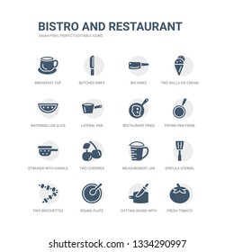 simple set of icons such as fresh tomato, cutting board with knife, round plate, two brochettes, spatula utensil, measurement jar, two cherries, strainer with handle, frying pan from top, restaurant