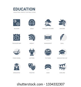 simple set of icons such as garland, sash, theater, graduated, graduation cap, pictures, lectern, punch bowl, quill, manuscript. related education icons collection. editable 64x64 pixel perfect.