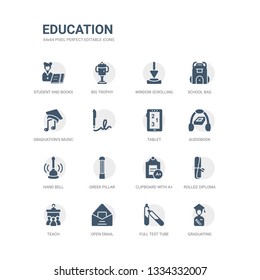 simple set of icons such as graduating, full test tube, open email, teach, rolled diploma, clipboard with a+, greek pillar, hand bell, audiobook, tablet. related education icons collection. editable