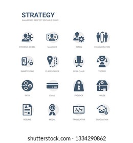 simple set of icons such as graduation, translator, medal, resume, house, padlock, email, path, trophy, desk chair. related strategy icons collection. editable 64x64 pixel perfect.