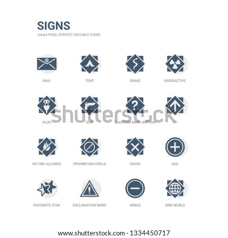 simple set of icons such as grid world, minus, exclamation mark, favourite star, add, cross, prohibition circle, no fire allowed, up, question mark button. related signs icons collection. editable