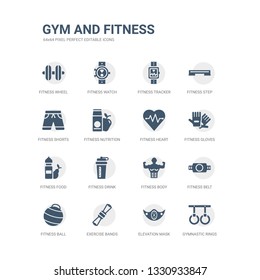 simple set of icons such as gymnastic rings, elevation mask, exercise bands, fitness ball, fitness belt, fitness body, drink, food, gloves, heart. related gym and icons collection. editable 64x64