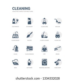 simple set of icons such as hand soap, washing machine, softener, iron, brush, dry, clean window, clean, clean car, floor cleaner. related cleaning icons collection. editable 64x64 pixel perfect.