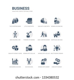 simple set of icons such as hand with money gear, woman with money, success man, measuring success, multitasking woman, woman with dollar bill, dollar circle, man money gears, mortgage and man,