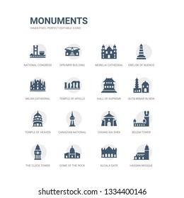 simple set of icons such as hassan mosque, alcala gate, dome of the rock, the clock tower, belem tower, chiang kai shek memorial hall, canadian national tower, temple of heaven in beijing, qutb