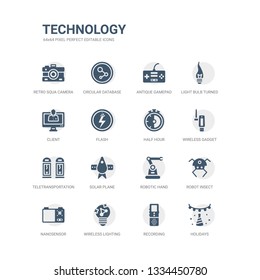 simple set of icons such as holidays, recording, wireless lighting, nanosensor, robot insect, robotic hand, solar plane, teletransportation, wireless gadget, half hour. related technology icons