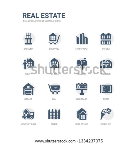 simple set of icons such as house key, real estate, fence, moving truck, print, billboard, buy, garage, mansion, mailbox. related real estate icons collection. editable 64x64 pixel perfect.
