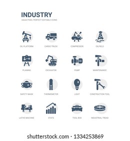 simple set of icons such as industrial tread, tool box, stats, lathe machine, construction tool, light, thermometer, safety mask, maintenance, pump. related industry icons collection. editable 64x64