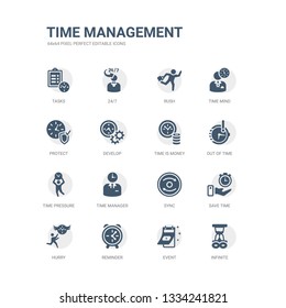 simple set of icons such as infinite, event, reminder, hurry, save time, sync, time manager, time pressure,  related management icons collection. editable 64x64 pixel perfect.