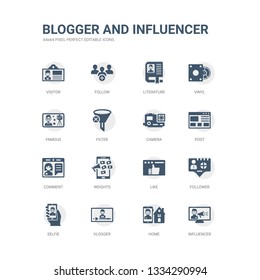simple set of icons such as influencer, home, vlogger, selfie, follower, like, weights, comment, post, camera. related blogger and influencer icons collection. editable 64x64 pixel perfect.