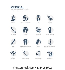 simple set of icons such as inhalator, dental drill, tooth brush, uterus, electric toothbrush, gum, woman intimate body part, arm, breast implant, pancreas. related medical icons collection.