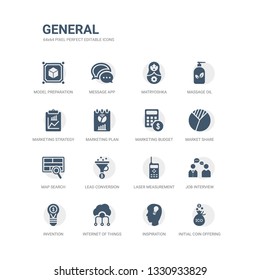simple set of icons such as initial coin offering, inspiration, internet of things, invention, job interview, laser measurement, lead conversion, map search, market share, marketing budget. related