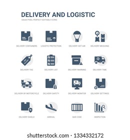 simple set of icons such as inspection, bar code, arrival, delivery shield, delivery settings, delivery monitor, safety, by motorcycle, time, warning. related and logistic icons collection. editable