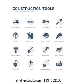 simple set of icons such as jack plane, measuring wheel, pick axe, plumb bob, wheel barrow, wedge tool, spade tool, sledge hammer, scratcher tool, safety helmet. related construction tools icons