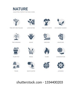 simple set of icons such as japanese,  , waste water, trunk, conservation, flame, reeds, plant pot, grapevine, vineyard. related nature icons collection. editable 64x64 pixel perfect.