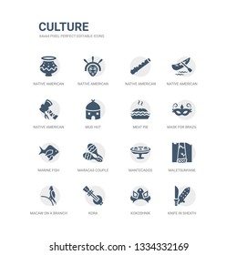 simple set of icons such as knife in sheath, kokoshnik, kora, macaw on a branch, maletsunyane, mantecados, maracas couple, marine fish, mask for brazil carnival celebration, meat pie. related