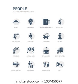 simple set of icons such as lazy, lunch break, passenger, group meeting, demonstration, spinning cup, parking area, strategies, tin man, hippogriff. related people icons collection. editable 64x64