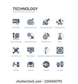 simple set of icons such as led lamp, no audio, theater, customs, ventilating fan, broadcast communications tower, world news, space satellite, media, worlwide news. related technology icons
