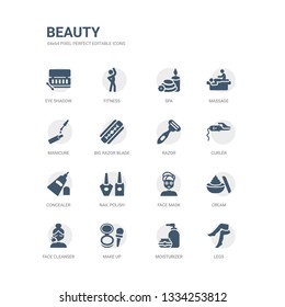 simple set of icons such as legs, moisturizer, make up, face cleanser, cream, face mask, nail polish, concealer, curler, razor. related beauty icons collection. editable 64x64 pixel perfect.