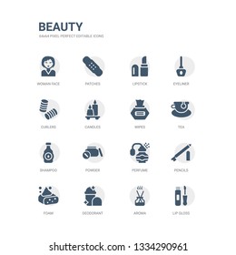simple set of icons such as lip gloss, aroma, deodorant, foam, pencils, perfume, powder, shampoo, tea, wipes. related beauty icons collection. editable 64x64 pixel perfect.