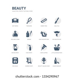 simple set of icons such as liquid makeup, beauty salon chair, barber shop, big scale, little makeup box, hair clipper, hair spray, water spray, big moustache, hair washer sink. related beauty icons