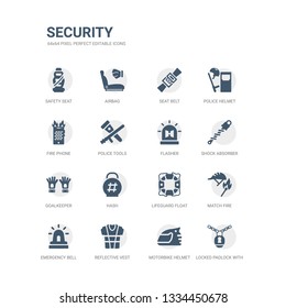 simple set of icons such as locked padlock with chain, motorbike helmet, reflective vest, emergency bell, match fire, lifeguard float, hash, goalkeeper, shock absorber, flasher. related security