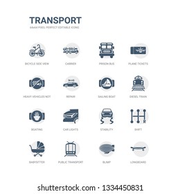 simple set of icons such as longboard, blimp, public transport, babysitter, shift, stability, car lights, boating, diesel train, sailing boat. related transport icons collection. editable 64x64