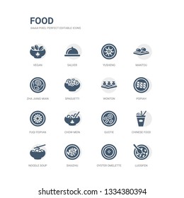 simple set of icons such as luosifen, oyster omelette, shuizhu, noodle soup, chinese food, guotie, chow mein, fuqi feipian, popiah, wonton. related food icons collection. editable 64x64 pixel svg