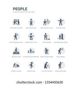 simple set of icons such as man walking and smoking, old lady walking, dancing man, worker loading, man hearing, pushing a door with his body, father and son shopping, crossing road, knocking a