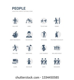 simple set of icons such as managers, boys, bachelor, class, wellness group, love yourself, emotional, feel free, treatment specialist, stick man. related people icons collection. editable 64x64