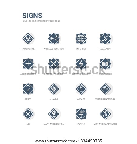 simple set of icons such as map and map pointer, panels, maps and location, no, wireless network, area 51, khanda, ceres, instruction, electric current. related signs icons collection. editable