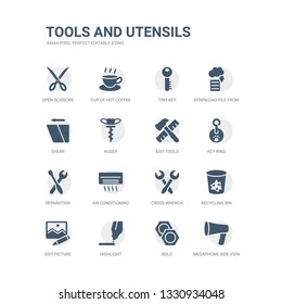 simple set of icons such as megaphone side view, bold, highlight, edit picture, recycling bin, cross wrench, air conditioning, reparation, key ring, edit tools. related tools and utensils icons