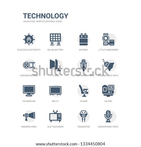 simple set of icons such as microphone voice, transistor, old television, modern horn, go pro, chairs, big tv, hd monitor, cinema light with cable, big old microphone. related technology icons