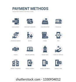 simple set of icons such as mobile card, mobile payment, mobile money, money transfer, point of service, money bag, online banking, check, pay, taxes. related payment methods icons collection.