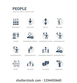 simple set of icons such as monologue, chat group, relations, matrix, businessman with dollar money, businessmen hierarchy, businessman with financial message about dollar, businessman with pound