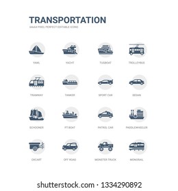 simple set of icons such as monorail, monster truck, off road, oxcart, paddlewheeler, patrol car, pt boat, schooner, sedan, sport car. related transportation icons collection. editable 64x64 pixel