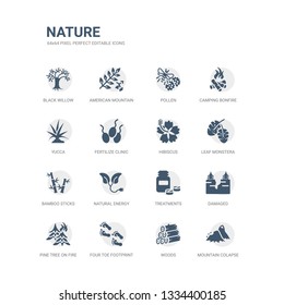 simple set of icons such as mountain colapse, woods, four toe footprint, pine tree on fire, damaged, treatments, natural energy, bamboo sticks, leaf monstera, hibiscus. related nature icons