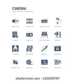 simple set of icons such as movie film, movie player, movie reel, negative film, online machete, photograms, premiere, producer, projector screen. related cinema icons collection. editable 64x64