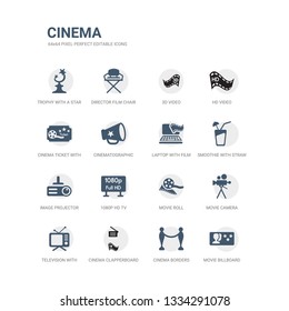 simple set of icons such as movie billboard, cinema borders, cinema clapperboard, television with antenna, movie camera, movie roll, 1080p hd tv, image projector, smoothie with straw, laptop with