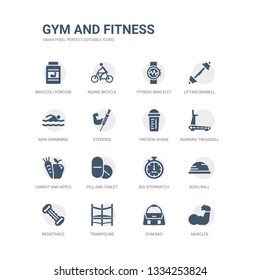 simple set of icons such as muscles, gym bag, trampoline, resistance, bosu ball, big stopwatch, pill and tablet, carrot and apple, running treadmill, protein shake. related gym and fitness icons