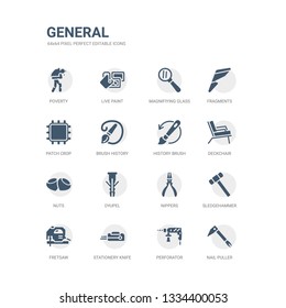 simple set of icons such as nail puller, perforator, stationery knife, fretsaw, sledgehammer, nippers, dyupel, nuts, deckchair, history brush. related general icons collection. editable 64x64 pixel