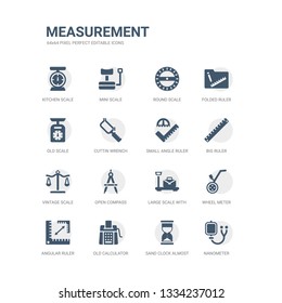 simple set of icons such as nanometer, sand clock almost finish, old calculator, angular ruler, wheel meter, large scale with suitcase, open compass, vintage scale, big ruler, small angle ruler.