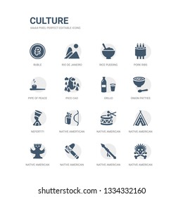 simple set of icons such as native american skull, native american spear, native american tomahawk, totem, wigwam, drum, amertican arrows and quiver, nefertiti, onion patties, orujo. related culture