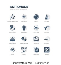 Simple Set Of Icons Such As Nebula, Planetarium, Planets, Quasar, Relativity, Simulator, Space Collision, Space Colony, Space Gun, Junk. Related Astronomy Icons Collection. Editable 64x64 Pixel