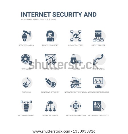 simple set of icons such as network certificate, network conection, network cubes, funnel, monitoring, optimization, pendrive security, phishing, phone cable, pin code. related internet security and