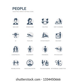 simple set of icons such as networking connection, teacher reading, masculine avatar, rehabilitation, psychologist, paramedic, pulmonary, chiropractic, recovery, physiotherapy. related people icons