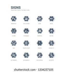 simple set of icons such as no entry, no alcohol, no animals, parking, disability, traffic, traffic light, bus, fire, hospital. related signs icons collection. editable 64x64 pixel perfect.